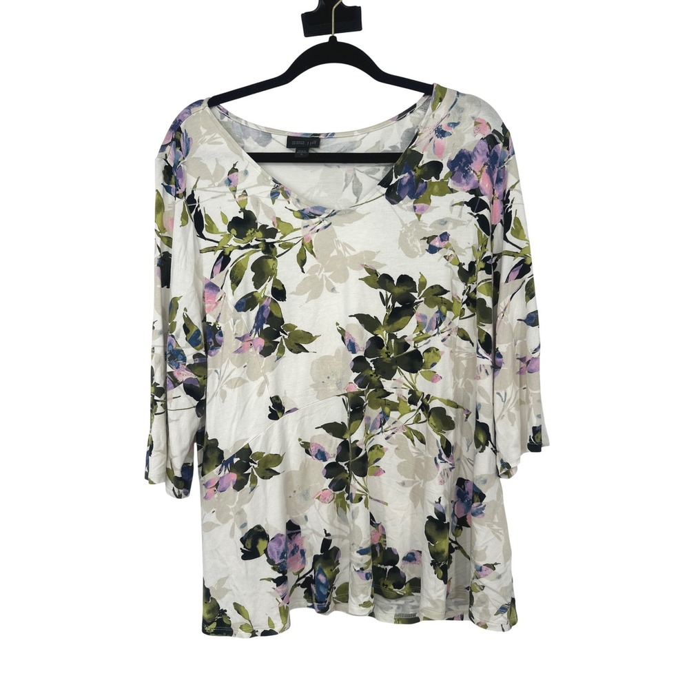 J. Jill Wearever Top Womens XL White Floral 3/4 Sleeve Knit Stretch Cottage Boho